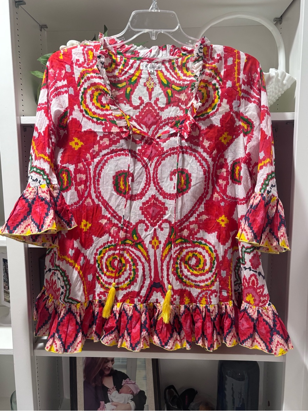 Naudic Boho Ruffle Hem Red Printed Peasant Top Tunic Sz M